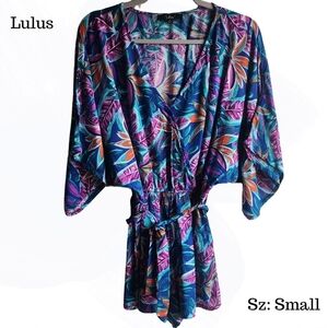 Lulus Hypnotized Purple Print Romper Small Leaf Print Surplice Wide Sleeves GUC‎